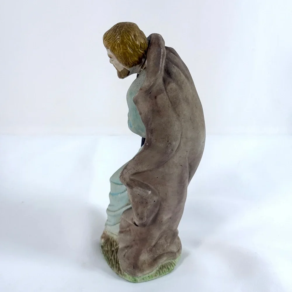 Saint Joseph Nativity Figurine Brown Blue Ceramic Standing with Staff